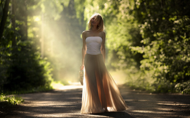 Woman dress forest sunbeams photorealistic free wallpaper for desktop - medium preview image