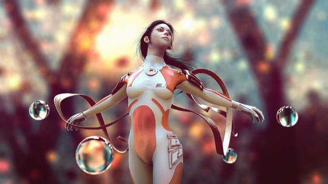 Woman bubbles energy orb cyberpunk free wallpaper for desktop - medium preview image