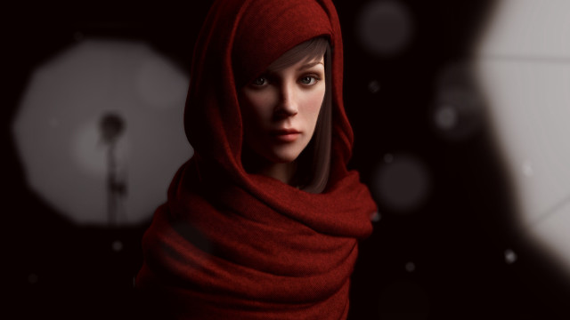 Woman red hood scarf portrait free wallpaper for desktop - medium preview image