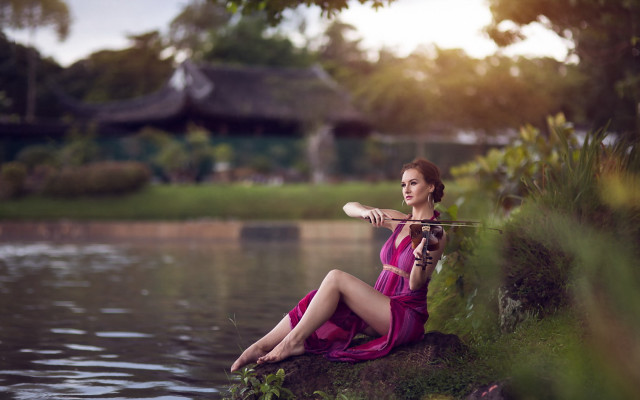 Woman pink dress lake fishing free wallpaper for desktop - medium preview image