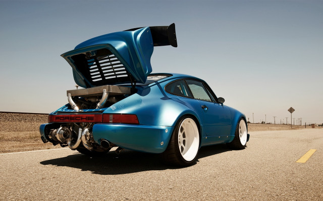 Blue car hood open road free wallpaper for desktop - medium preview image