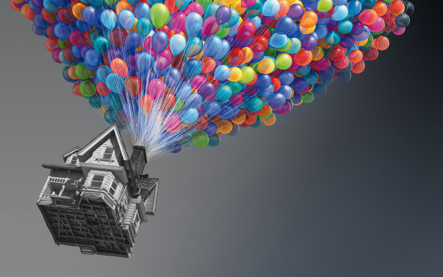 Balloons flying house magical realism free wallpaper for desktop - medium preview image