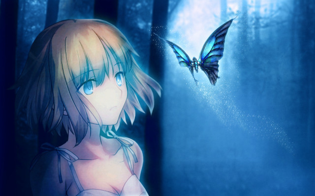 Girl butterfly woods blue glowing free wallpaper for desktop - medium preview image