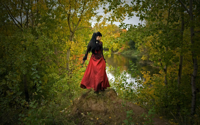 Woman red dress forest river free wallpaper for desktop - medium preview image