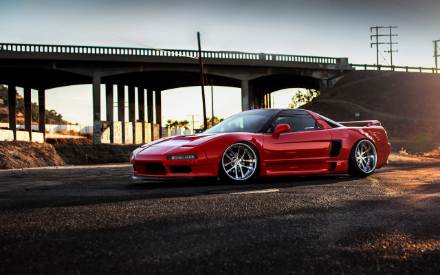 Red sports car bridge sunlight free wallpaper for desktop - medium preview image