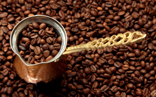 Coffee beans gold spoon photorealism free wallpaper for desktop - medium preview image