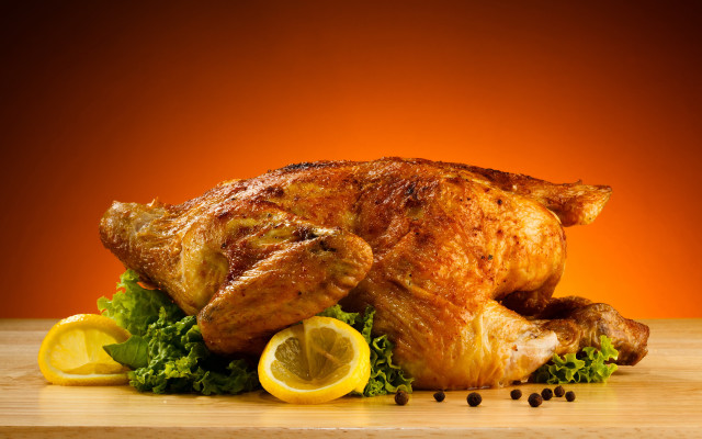 Roasted chicken lemons greens wooden free wallpaper for desktop - medium preview image