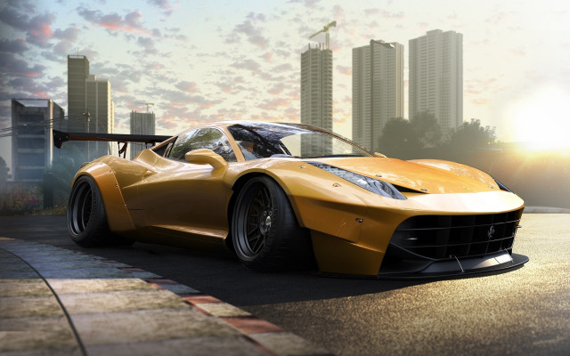 Yellow sports car cityscape sunset free wallpaper for desktop - medium preview image