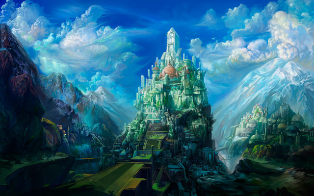 Castle mountain range fantasy scene free wallpaper for desktop - medium preview image