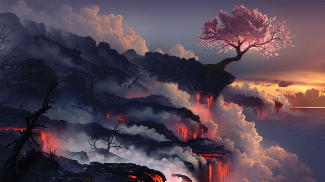 Mountain lava tree sunset cliff free wallpaper for desktop - medium preview image