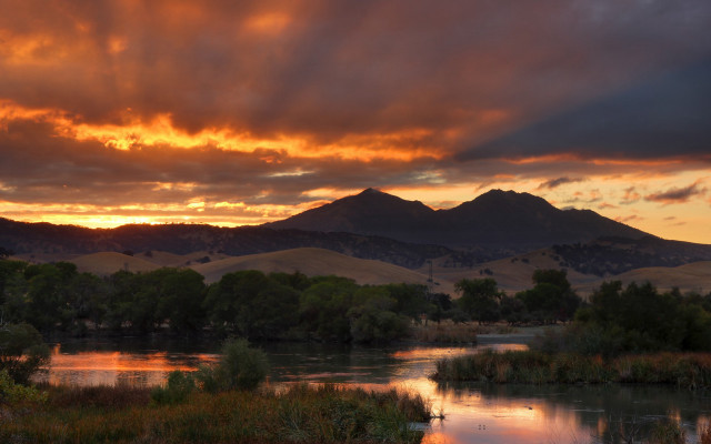 Sunset river mountains trees water free wallpaper for desktop - medium preview image