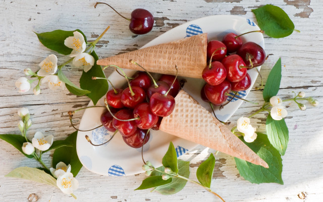 Cherries icecream flowers leaves stilllife free wallpaper for desktop - medium preview image