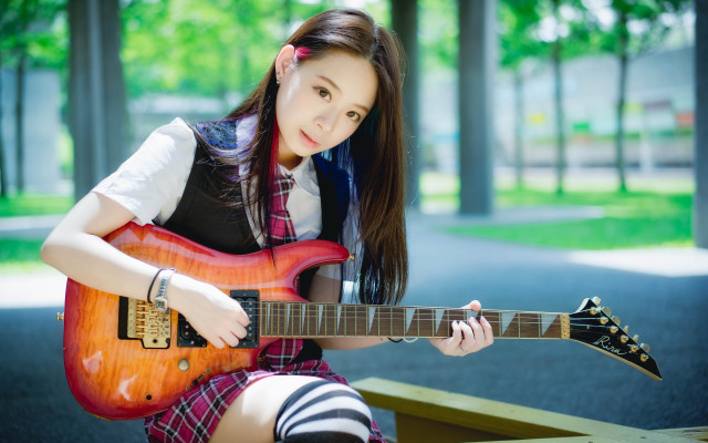 Girl school uniform guitar park free wallpaper for desktop - medium preview image