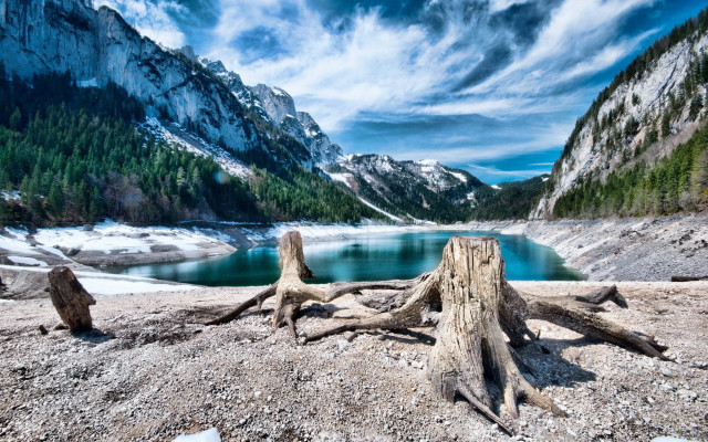Lake mountains trees snow romanticism free wallpaper for desktop - medium preview image