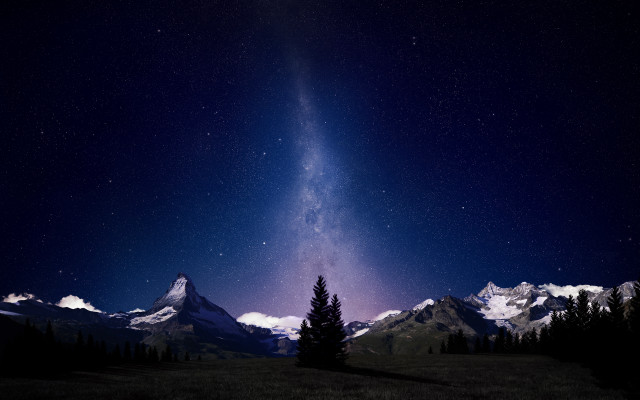 Night sky mountain range tree free wallpaper for desktop - medium preview image