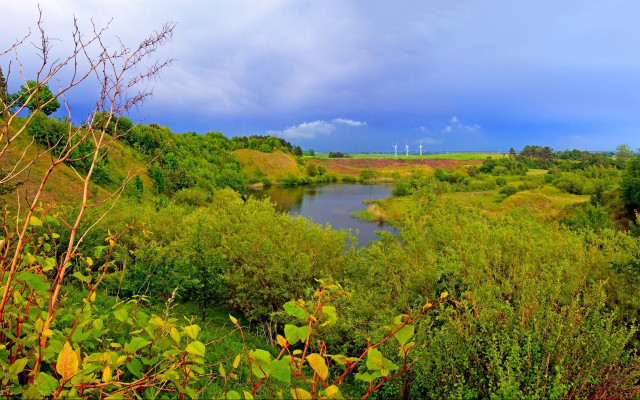 River trees bushes cloudy sky free wallpaper for desktop - medium preview image