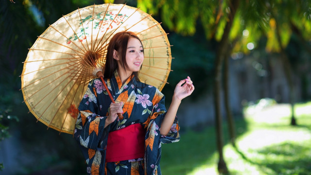 Woman kimono parasol smile arts free wallpaper for desktop - medium preview image