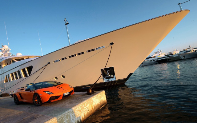 Luxury car boat dock yacht free wallpaper for desktop - medium preview image