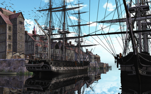 Ship harbor castle birds matte free wallpaper for desktop - medium preview image