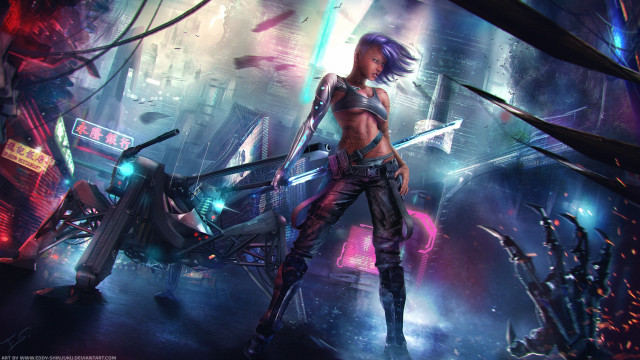 Afrofuturism cyberpunk heroine cityscape scifi free wallpaper for desktop - medium preview image