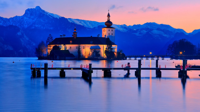 Church lake mountains sunset dock free wallpaper for desktop - medium preview image