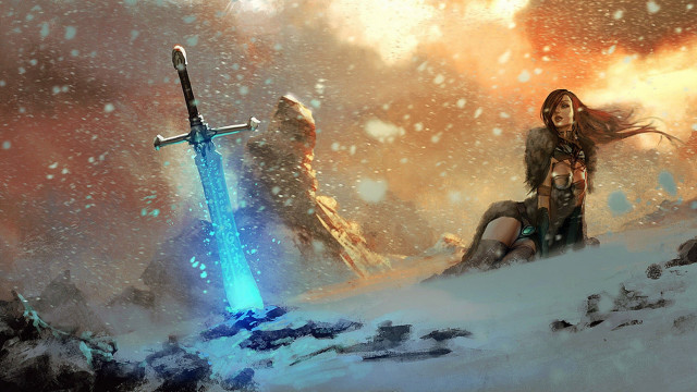 Woman sitting snowy hill sword free wallpaper for desktop - medium preview image