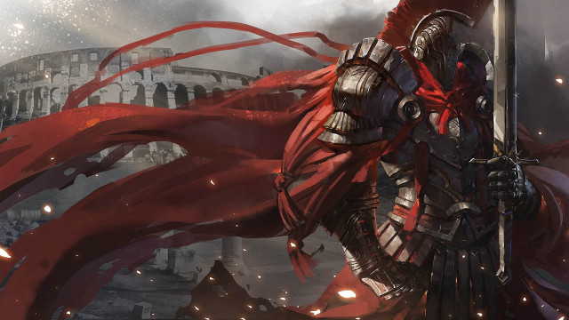 Knight armor sword fireworks ruins free wallpaper for desktop - medium preview image