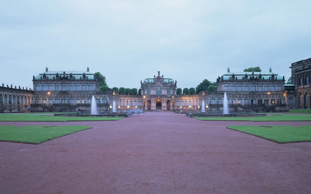 Large building fountain grass lights free wallpaper for desktop - medium preview image