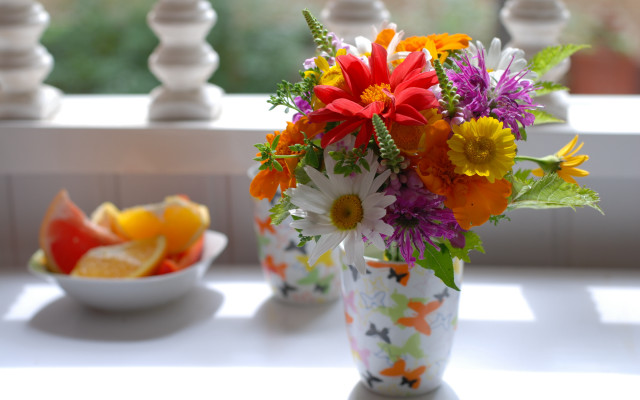Vase flowers bowl fruit summer free wallpaper for desktop - medium preview image