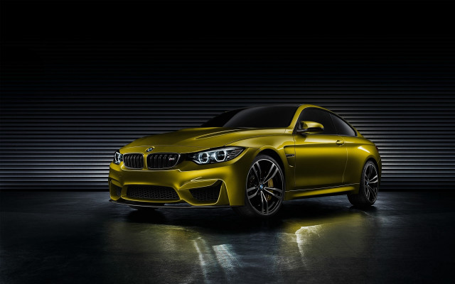 Yellow bmw car dark room free wallpaper for desktop - medium preview image