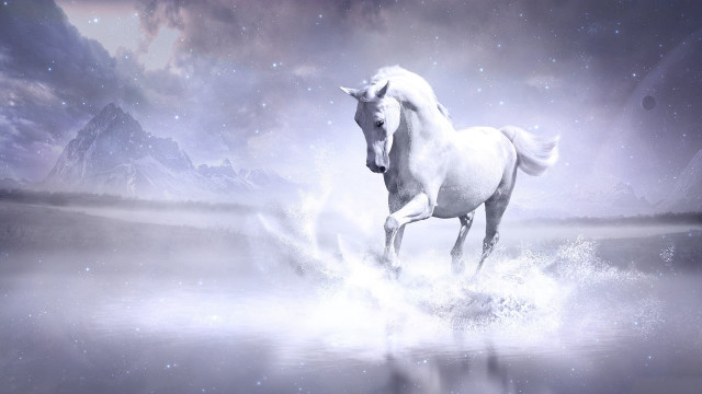 White horse water mountains starry free wallpaper for desktop - medium preview image