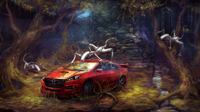 Red car horses forest fire free wallpaper for desktop - medium preview image