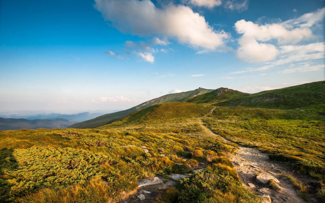 Grassy hill trail clouds blue free wallpaper for desktop - medium preview image