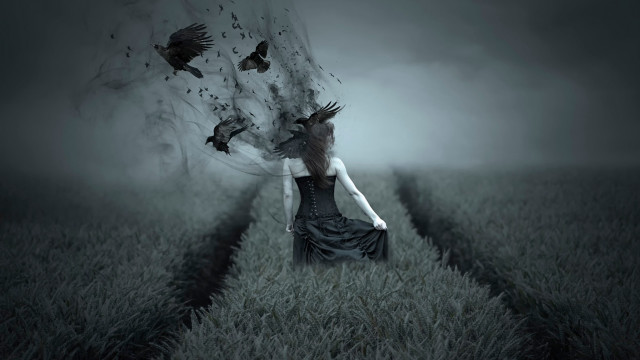 Woman dress field birds tree free wallpaper for desktop - medium preview image