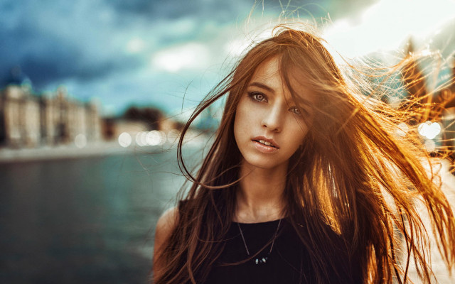 Woman water city cloudy sky free wallpaper for desktop - medium preview image