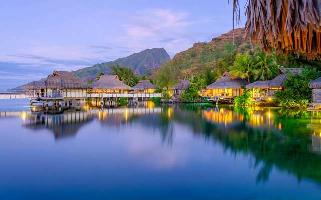 Tropical resort dusk mountain water free wallpaper for desktop - medium preview image