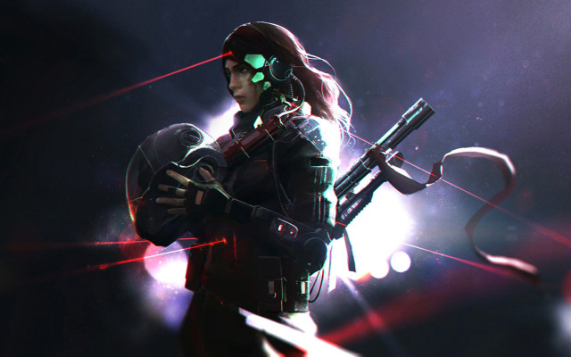 Futuristic woman cyberpunk gun microphone free wallpaper for desktop - medium preview image