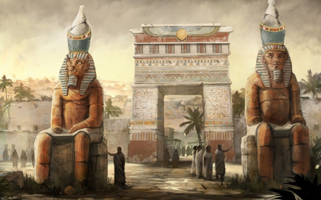 Egyptian statues gate figures cityscape free wallpaper for desktop - medium preview image
