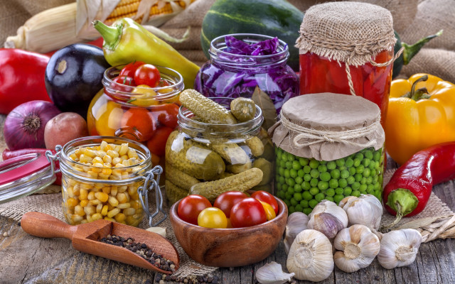 Vegetables fruits glass jars burlap free wallpaper for desktop - medium preview image