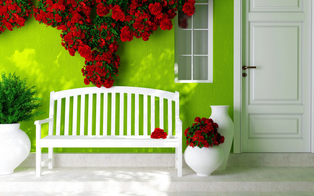 White bench green wall red free wallpaper for desktop - medium preview image