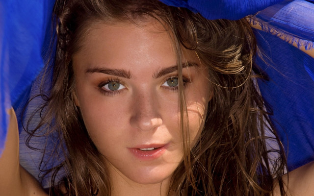 Woman blue umbrella scarf photorealistic #2 free wallpaper for desktop - medium preview image