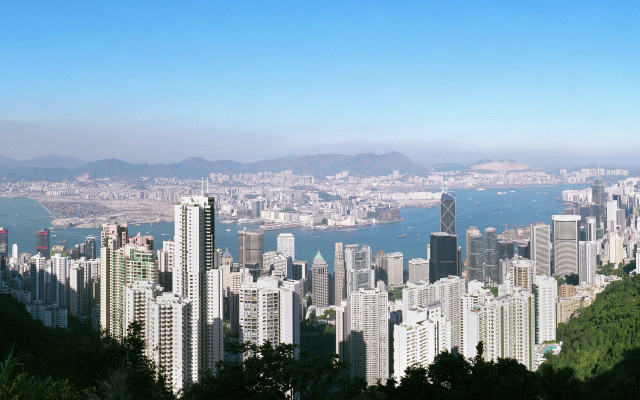 City skyline mountains water bridge free wallpaper for desktop - medium preview image