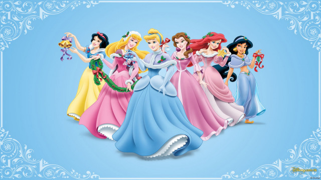 Princesses group standing blue background free wallpaper for desktop - medium preview image