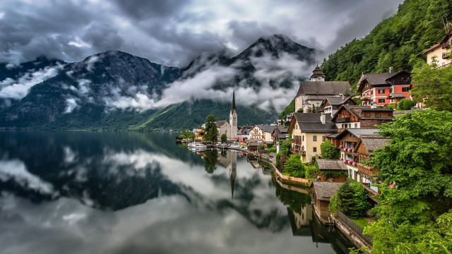 Lake mountains houses cloudy sky #2 free wallpaper for desktop - medium preview image
