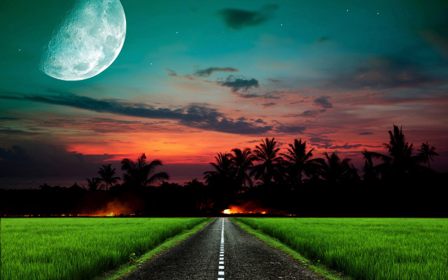 Road fullmoon field mountains sunset free wallpaper for desktop - medium preview image