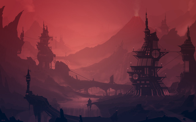Futuristic city red sky mountains free wallpaper for desktop - medium preview image