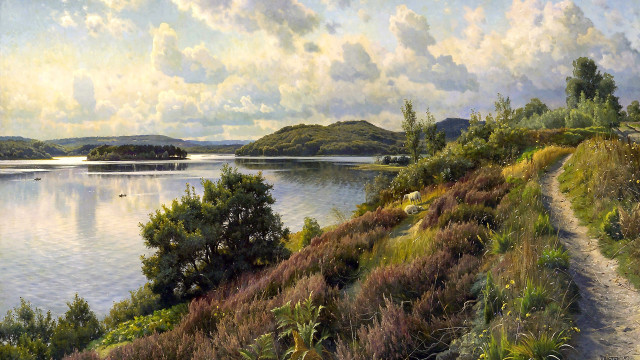 Lake path hills trees bridge free wallpaper for desktop - medium preview image