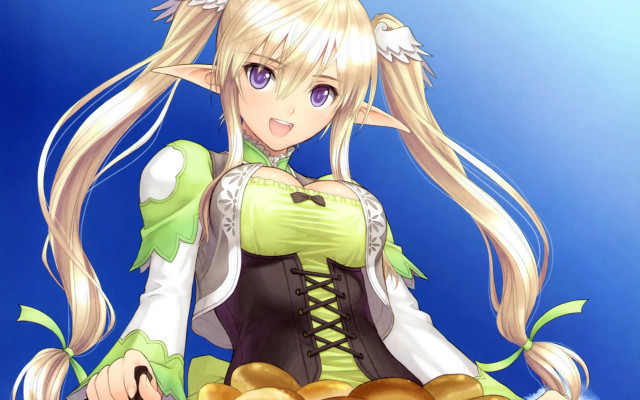 Blonde elf girl food portrait free wallpaper for desktop - medium preview image