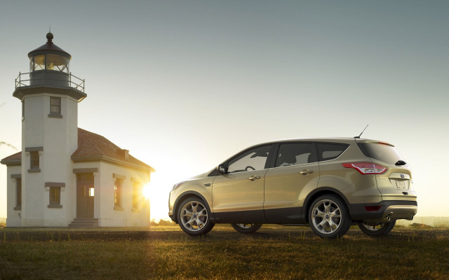 White car lighthouse sunset photorealism free wallpaper for desktop - medium preview image