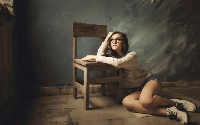 Woman sitting wooden chair crossed free wallpaper for desktop - medium preview image